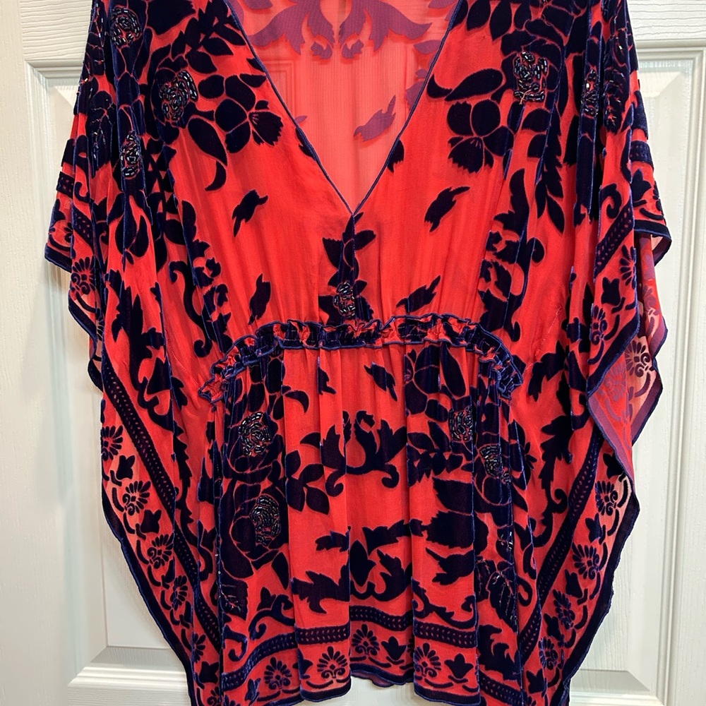 Hale Bob Red and Navy Burnout Velvet Top